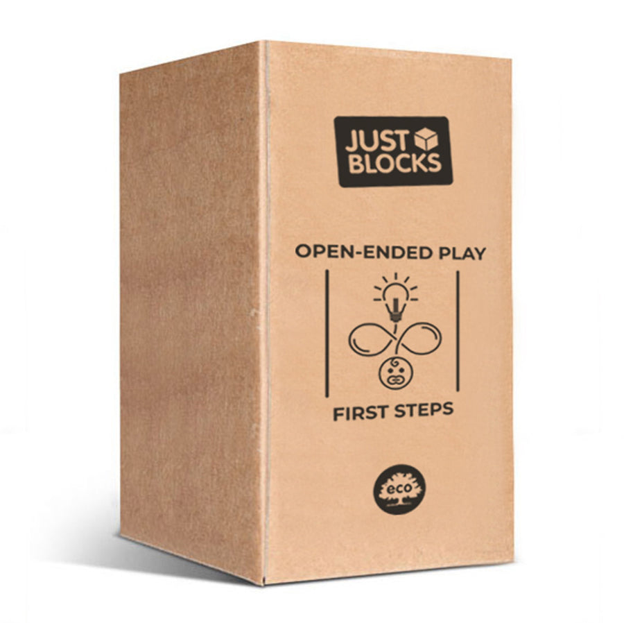 Packaging for the Just blocks eco-friendly kids 16 stacking cube toys on a white background