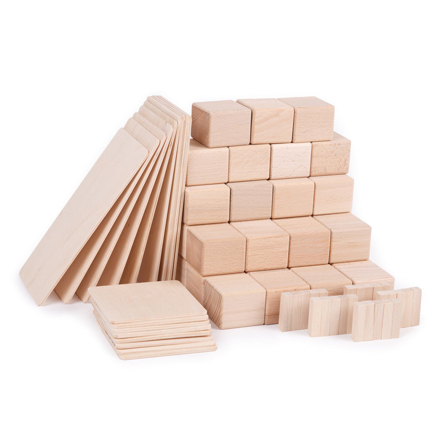 Pieces from the Just blocks plastic free wooden stacking shapes small toy set stacked up on a white background