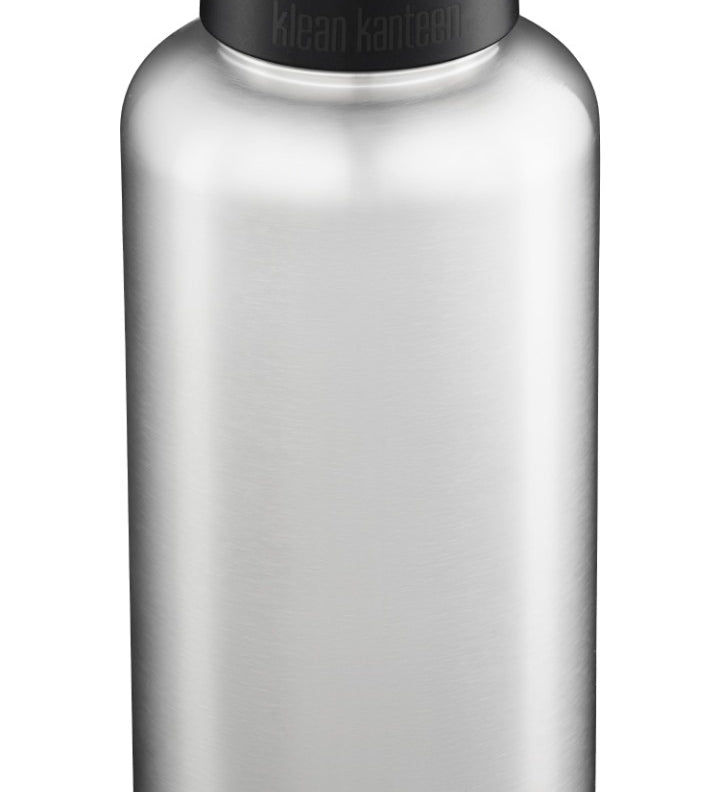 Klean Kanteen Wide 64oz / 1900ml with Wide Loop Cap, stainless steel reusable bottle with a black loop cap lid on a white background