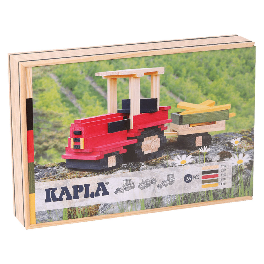 Kapla handmade wooden 155 piece building blocks tractor case on a white background