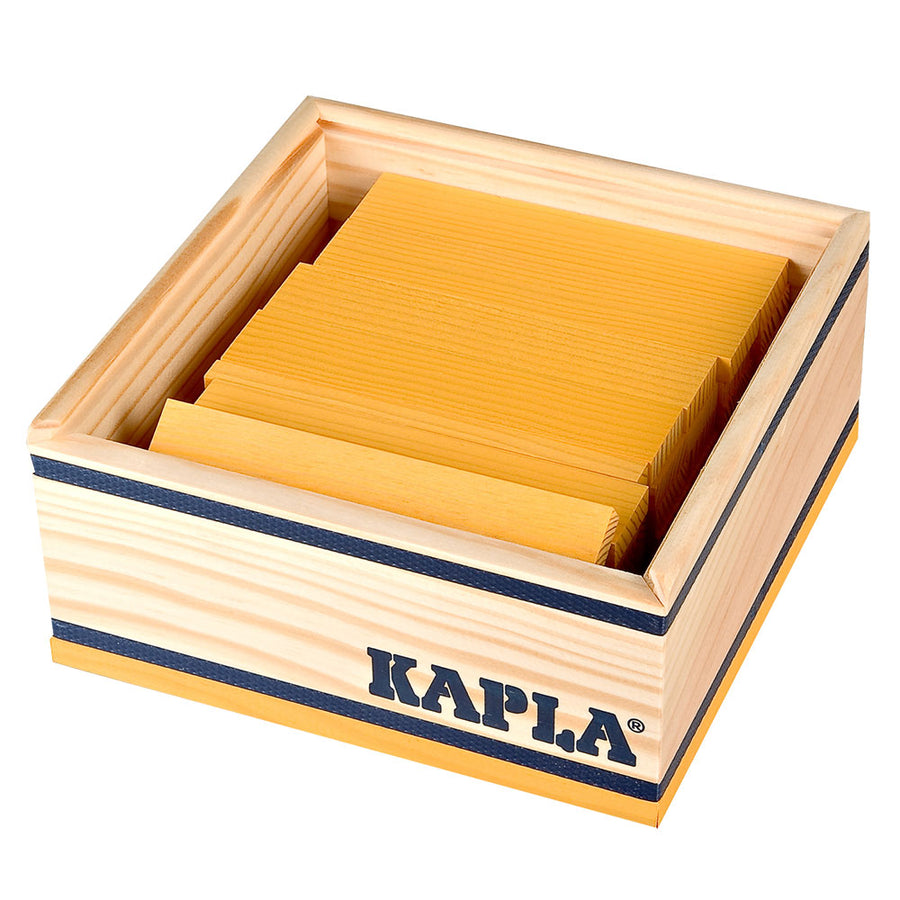 Kapla eco-friendly yellow wooden building blocks set on a white background