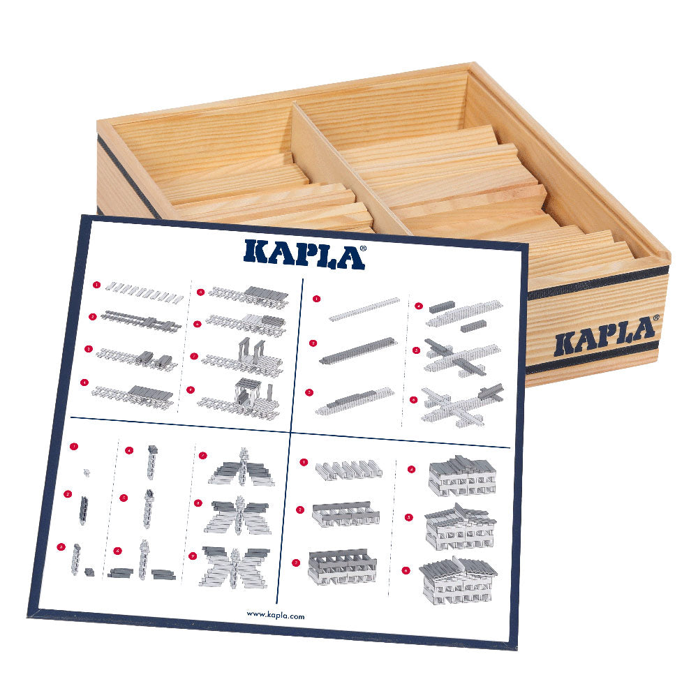 Kapla sustainably sourced wooden stacking blocks inside their open box on a white background