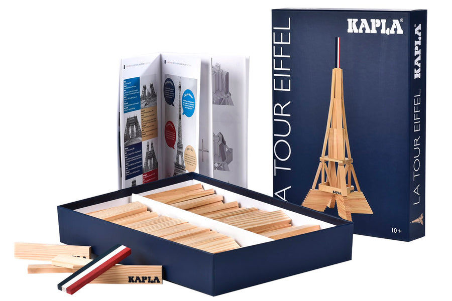 Box for the Kapla plastic-free wooden Eiffel Tower construction toy open on a white background