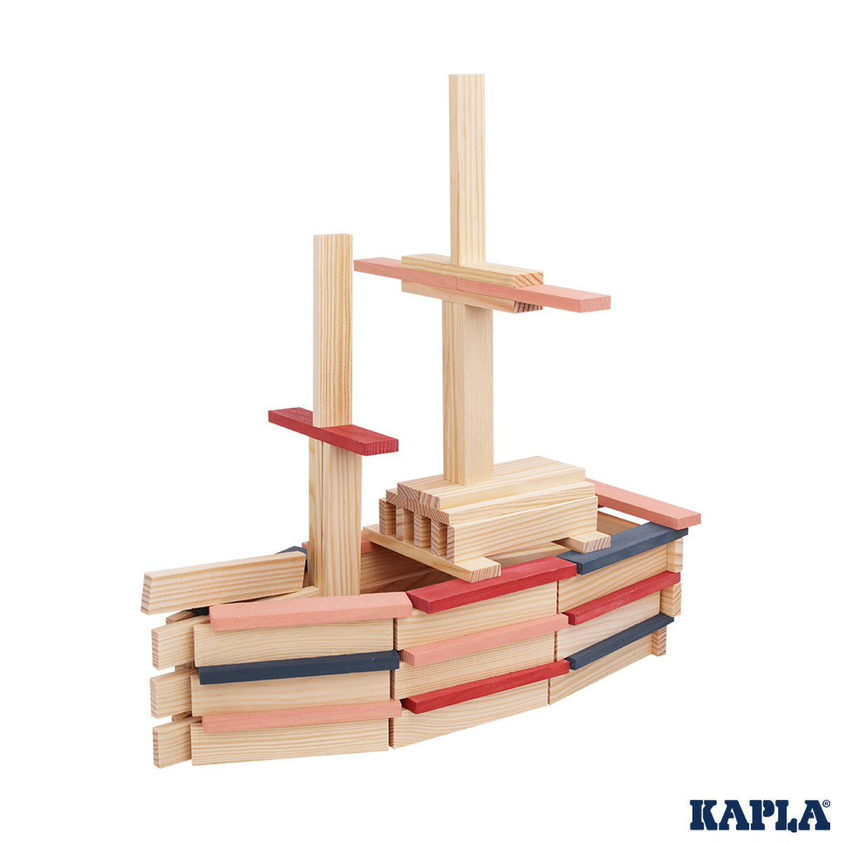 Kapla toy blocks stacked in a tent shape next to the Kapla 120 red