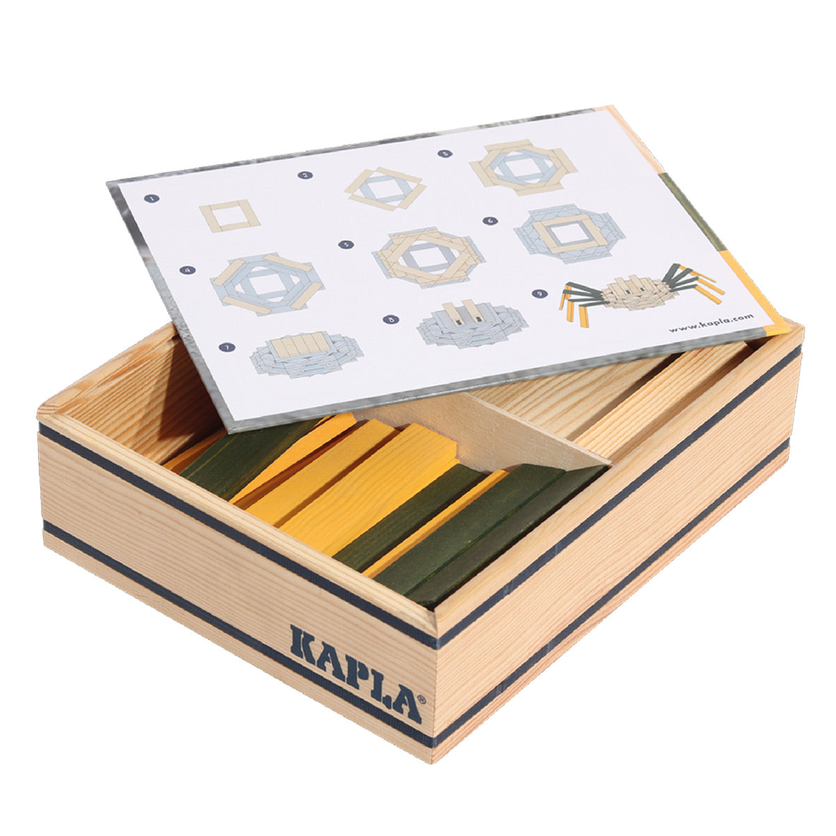 Kapla plastic-free wooden toy blocks spider case open on a white background