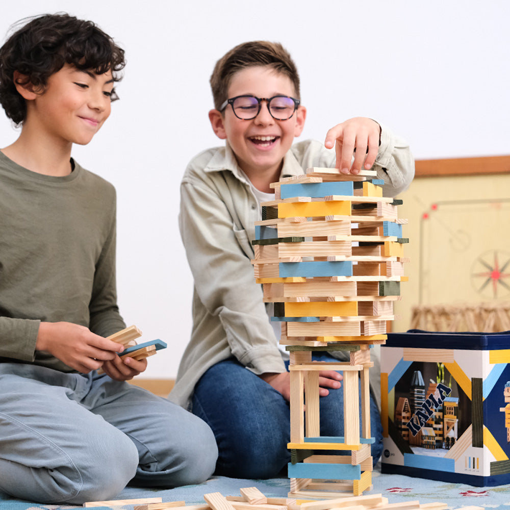 yellow and green wooden blocks set on a white background