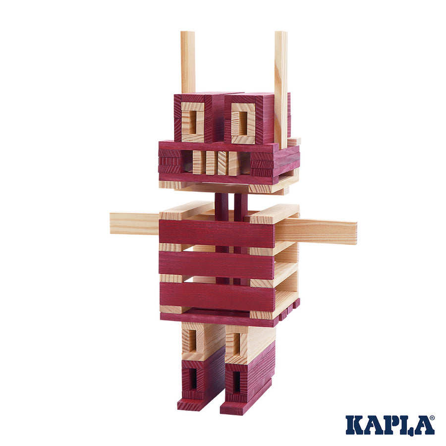 Kapla plastic-free wooden construction shapes stacked into a robot shape on a white background