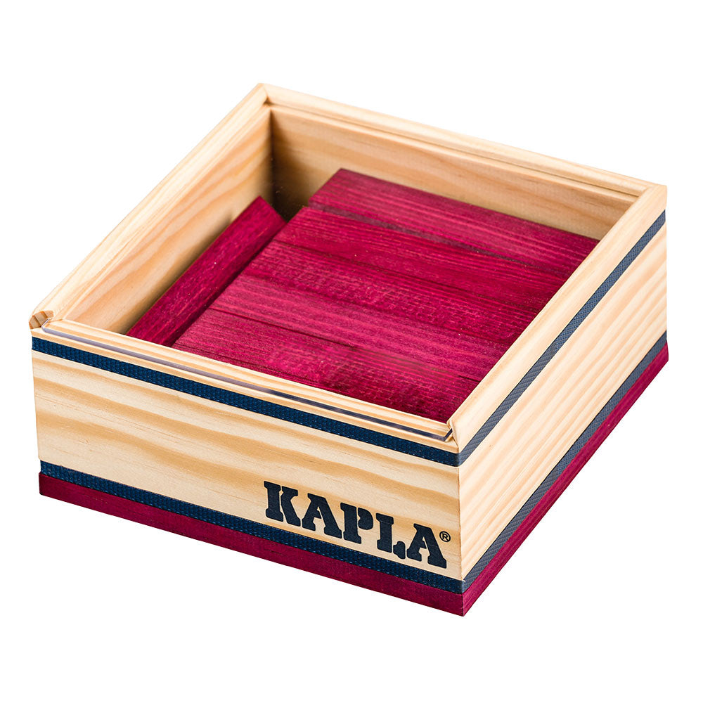 Kapla 40 purple wooden building blocks in their box on a white background