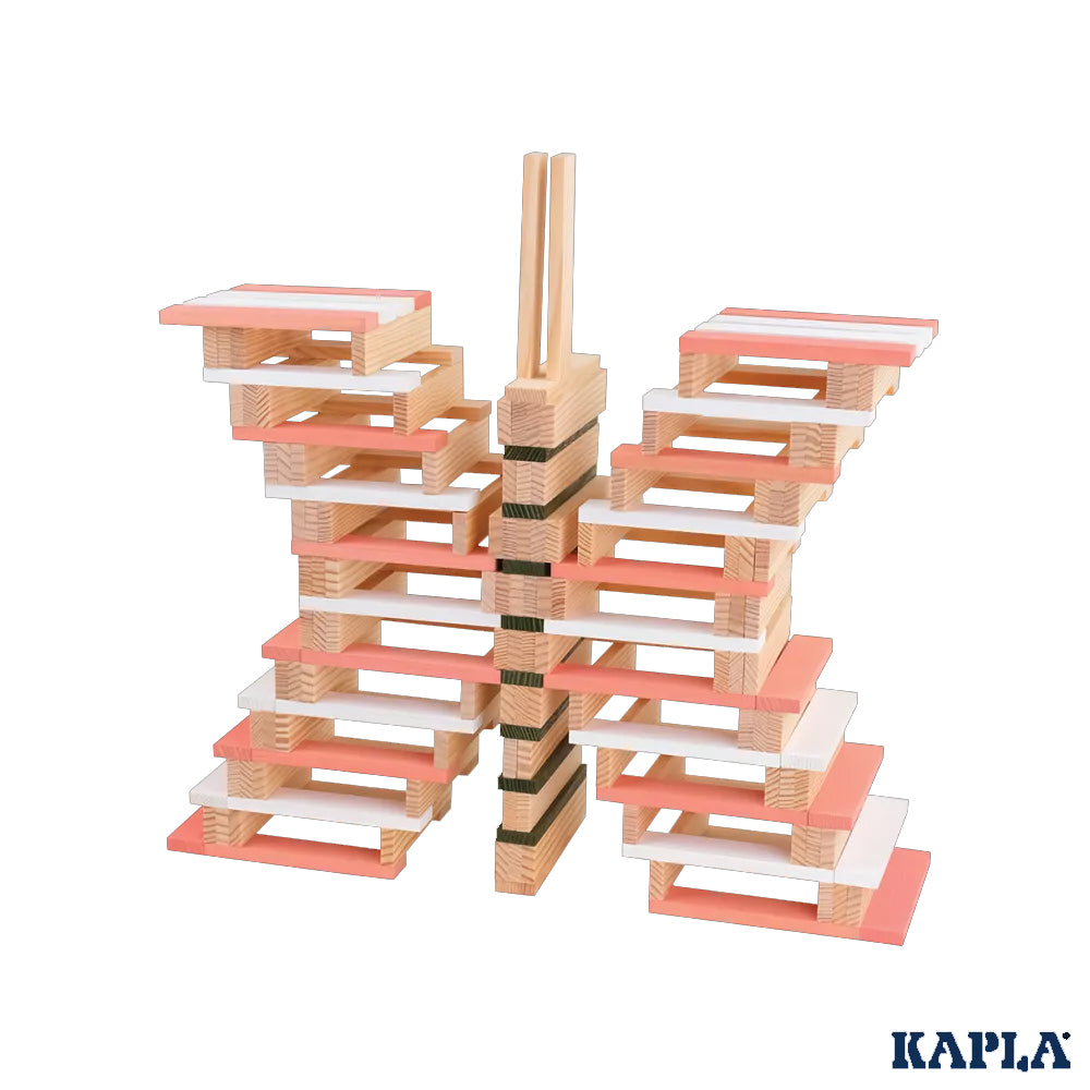 A butterfly shaped stack created using the wooden blocks from the KAPLA 200 Box wooden building planks in Spring colours