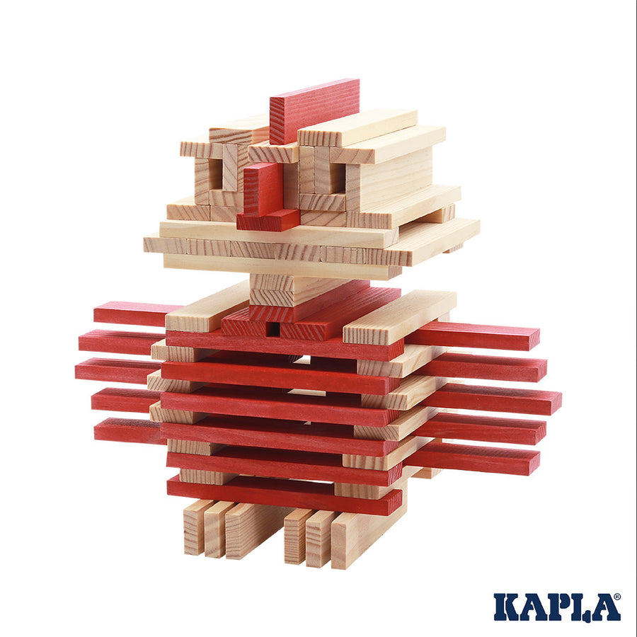 Kapla sustainably sourced wooden building block set stacked into a bird shape on a white background