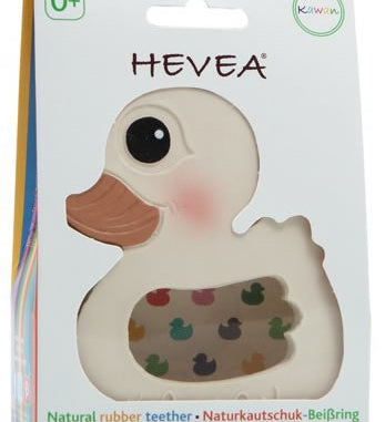 Hevea Natural Rubber Teether - Kawan the Duck in its cardboard packaging