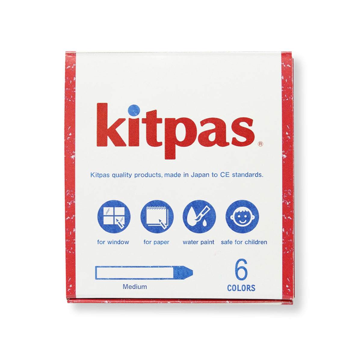 Kitpas 6 coloured rice bran wax crayons in their box on a white background