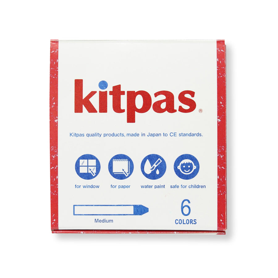 Kitpas 6 coloured rice bran wax crayons in their box on a white background