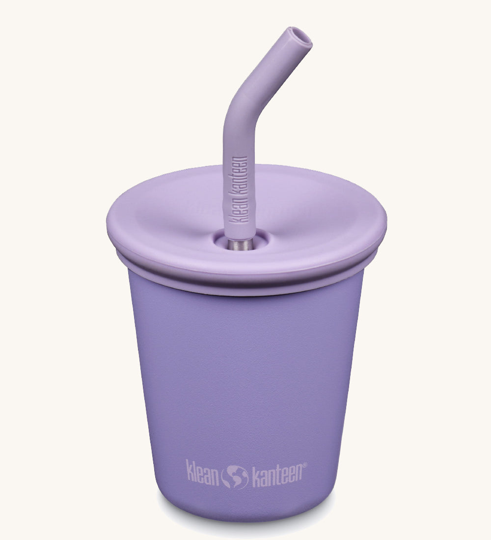 A 10oz Klean Kanteen Steel Kid Cup with Straw Lid in paisley purple colour on a plain background.