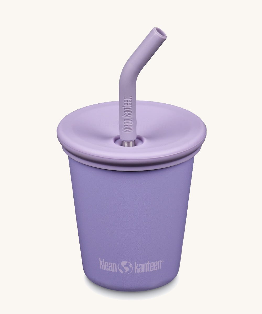 A 10oz Klean Kanteen Steel Kid Cup with Straw Lid in paisley purple colour on a plain background.