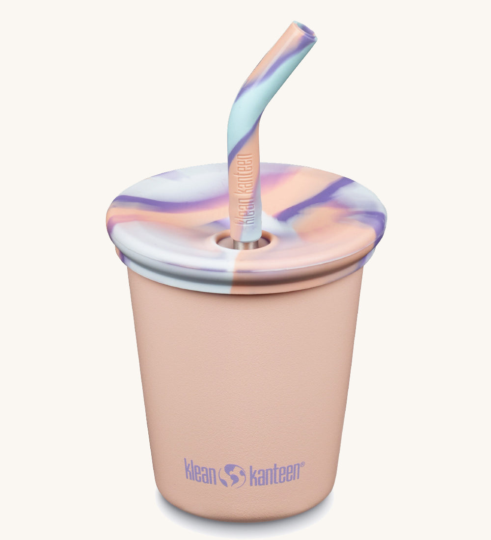 A 10oz Klean Kanteen Steel Kid Cup with Straw Lid in peach parfait pink colour on a plain background.