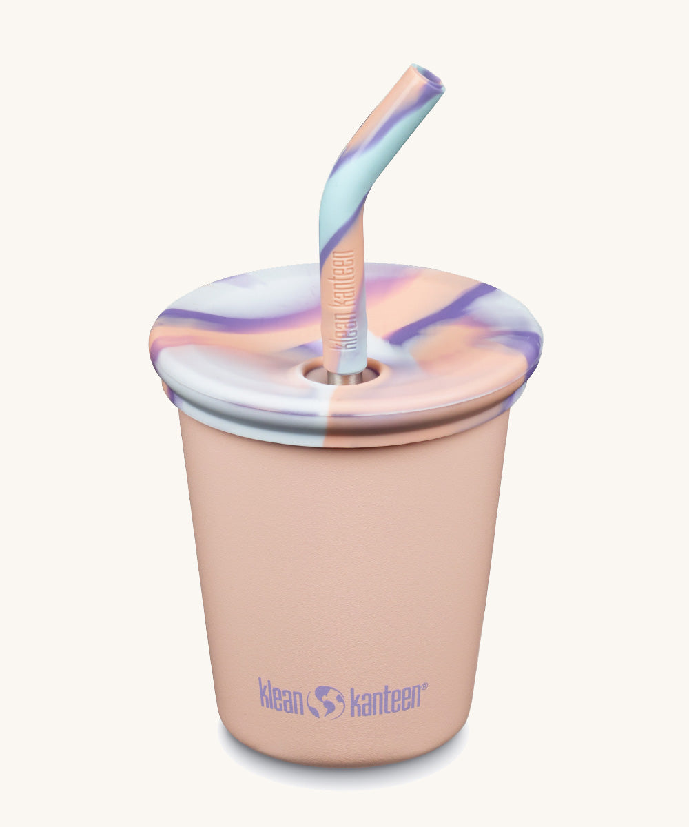 A 10oz Klean Kanteen Steel Kid Cup with Straw Lid in peach parfait pink colour on a plain background.