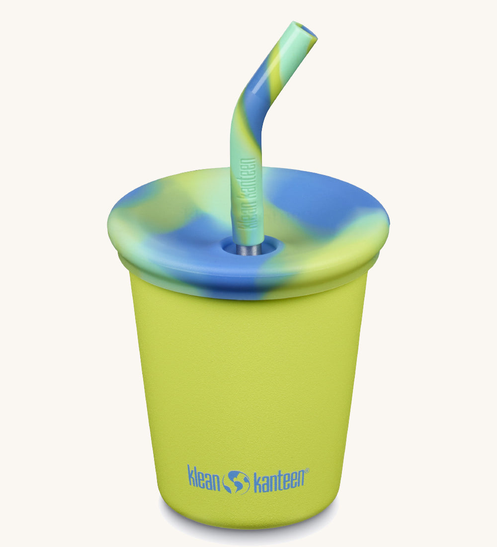 A 10oz Klean Kanteen Steel Kid Cup with Straw Lid in primrose green colour on a plain background.