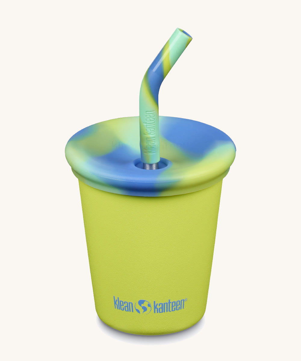 A 10oz Klean Kanteen Steel Kid Cup with Straw Lid in primrose green colour on a plain background.