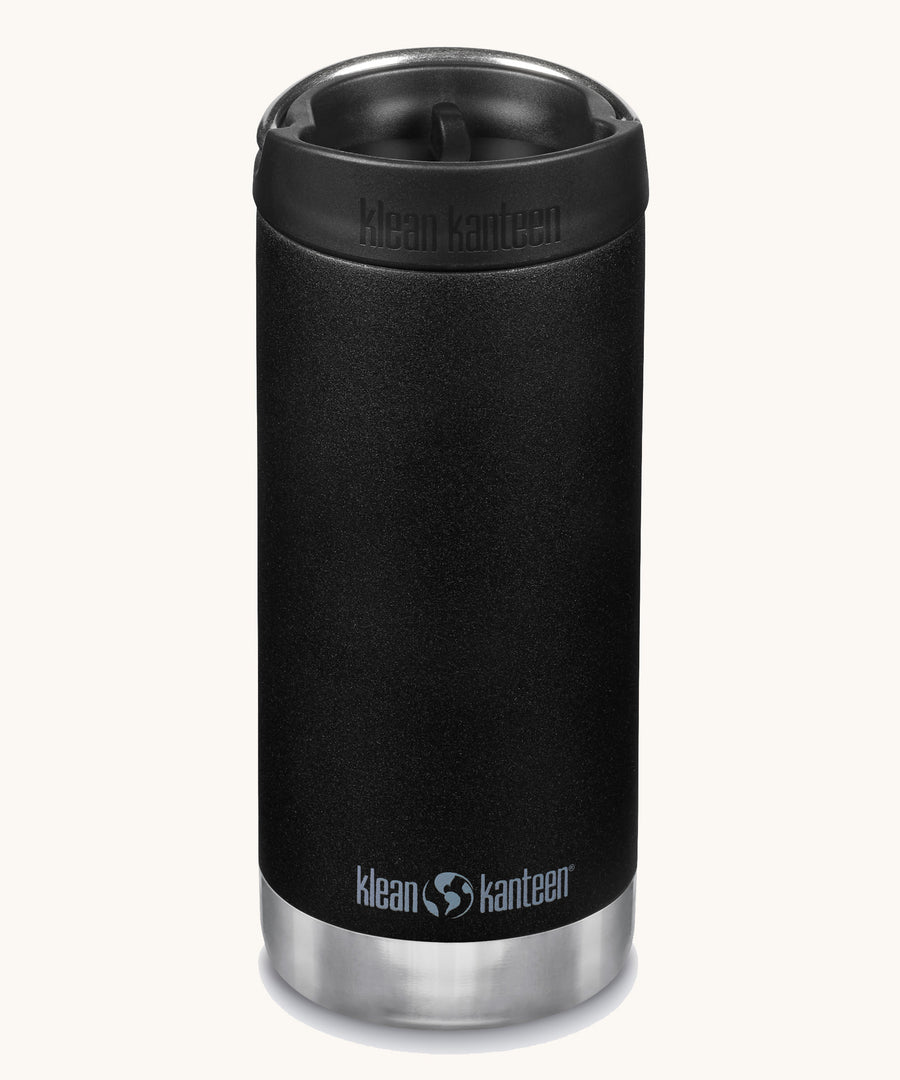 A Klean Kanteen 12oz TKWide Cafe in the black colour with a black coloured lid on a plain background.