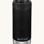 A Klean Kanteen 12oz TKWide Cafe in the black colour with a black coloured lid on a plain background.