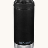 A Klean Kanteen 12oz TKWide Cafe in the black colour with a black coloured lid on a plain background.