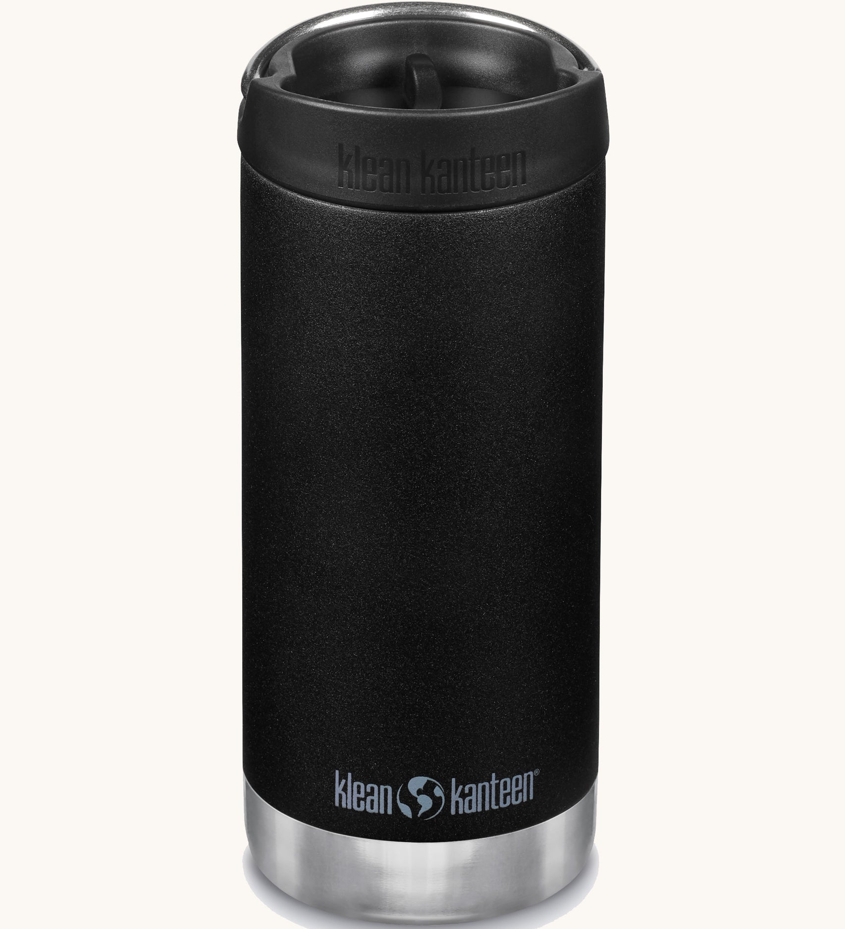 A Klean Kanteen 12oz TKWide Cafe in the black colour with a black coloured lid on a plain background.