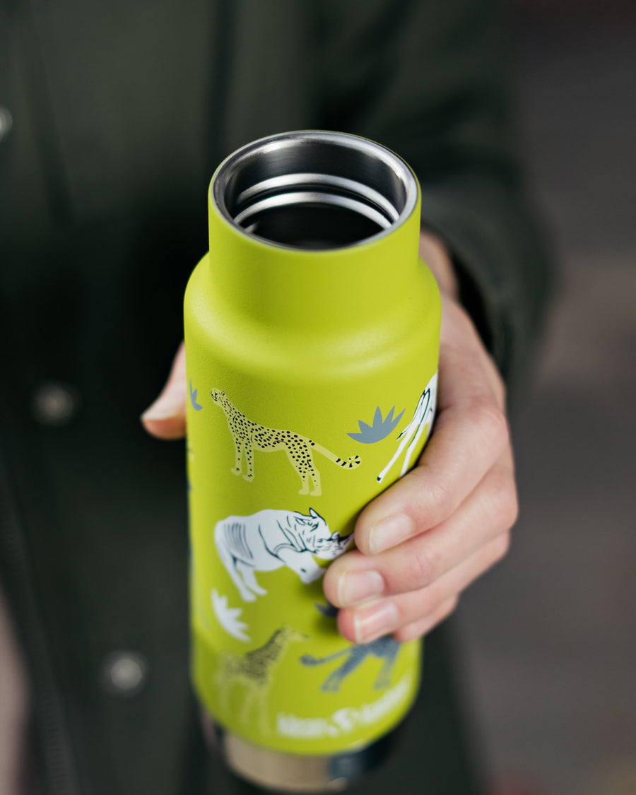 Close up of hand holding the Klean Kanteen 12oz narrow insulated metal drinks bottle