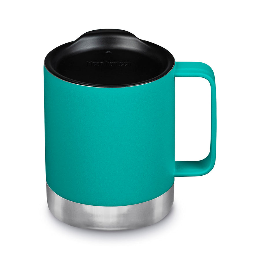 Klean Kanteen stainless steel insulated travel mug in porcelain green, with the lid on, on a white background