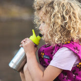 Close up of girl drinking from the Klean Kanteen kid's 12oz stainless steel drinks bottle 