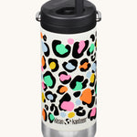 The Klean Kanteen 12oz Leopard Print TKWide with black Twist Cap on a plain background.