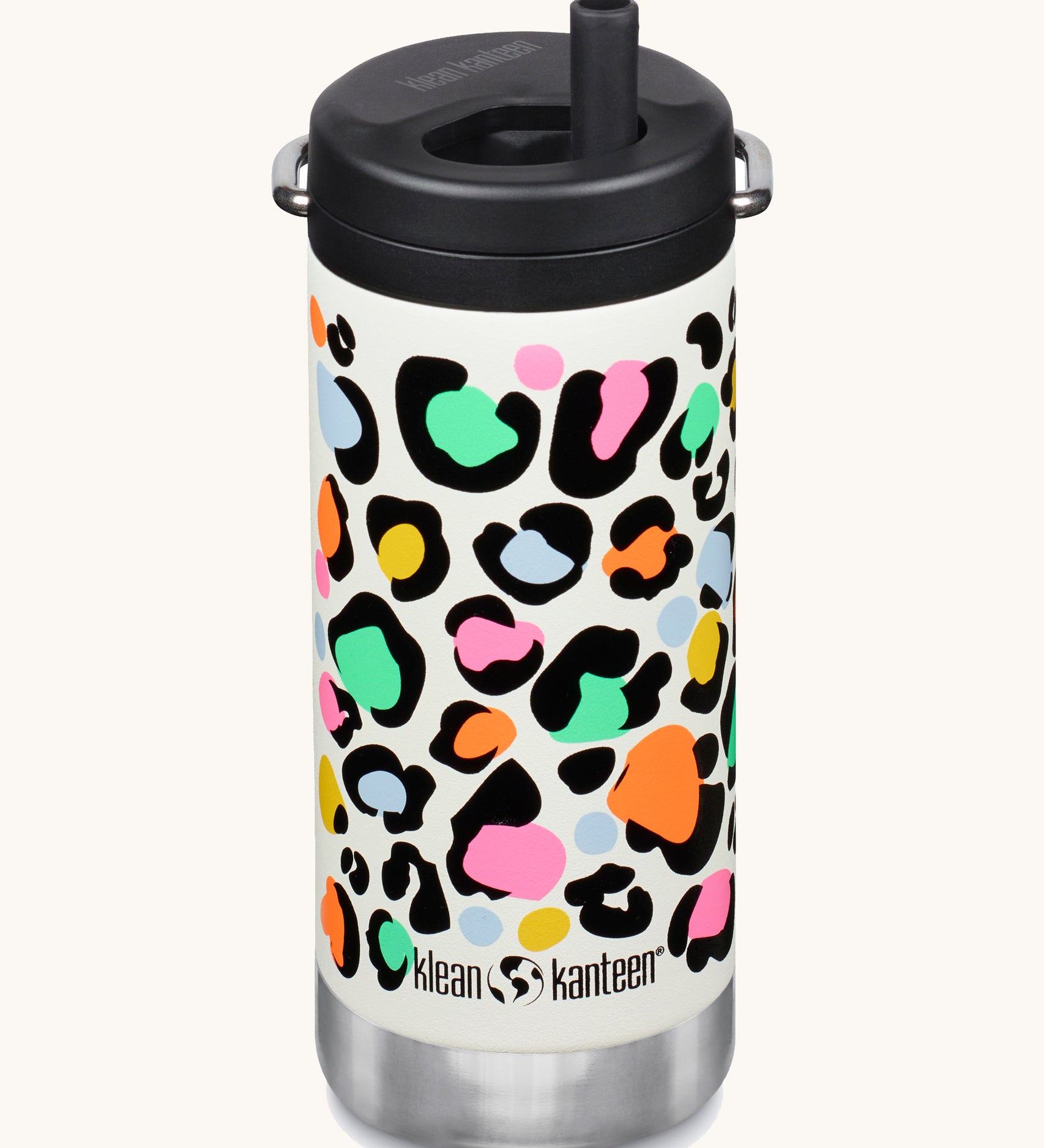 The Klean Kanteen 12oz Leopard Print TKWide with black Twist Cap on a plain background.