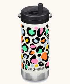 The Klean Kanteen 12oz Leopard Print TKWide with black Twist Cap on a plain background.