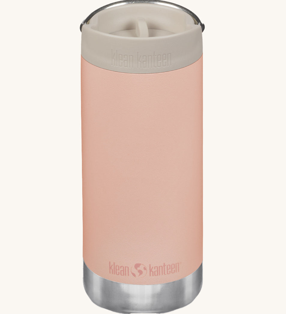 A Klean Kanteen 12oz TKWide Cafe in the pink peach parfait colour with a taupe coloured lid on a plain background.