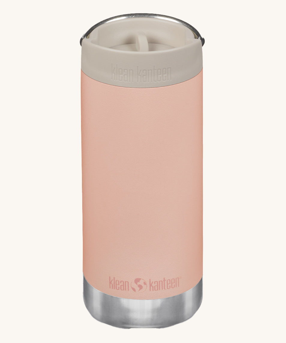 A Klean Kanteen 12oz TKWide Cafe in the pink peach parfait colour with a taupe coloured lid on a plain background.