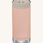 A Klean Kanteen 12oz TKWide Cafe in the pink peach parfait colour with a taupe coloured lid on a plain background.