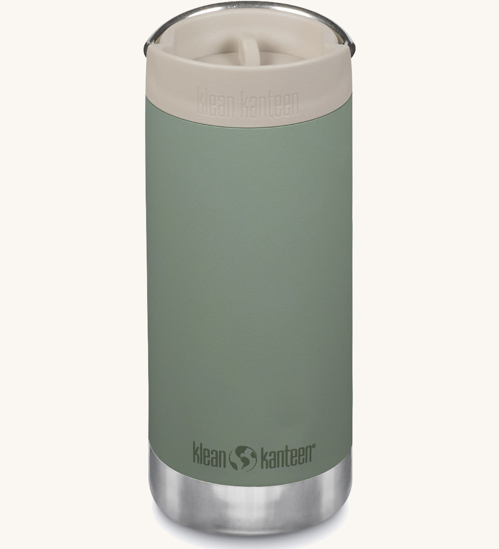 A Klean Kanteen 12oz TKWide Cafe in the green sea spray colour with a taupe coloured lid on a plain background. 