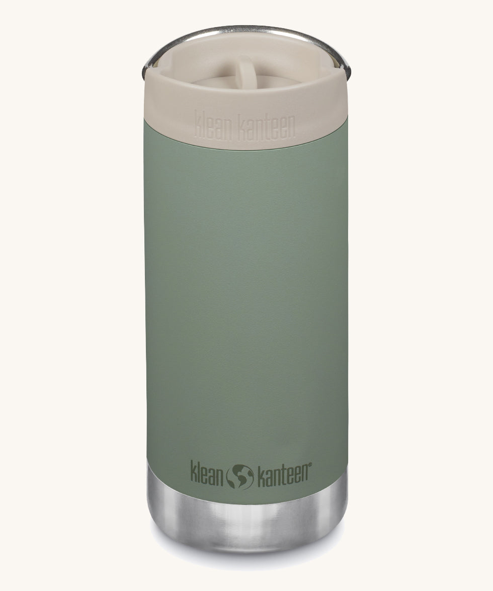 A Klean Kanteen 12oz TKWide Cafe in the green sea spray colour with a taupe coloured lid on a plain background. 