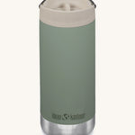 A Klean Kanteen 12oz TKWide Cafe in the green sea spray colour with a taupe coloured lid on a plain background. 