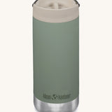 A Klean Kanteen 12oz TKWide Cafe in the green sea spray colour with a taupe coloured lid on a plain background. 