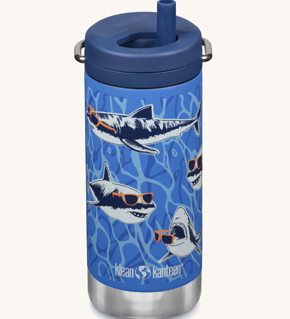 The Klean Kanteen 12oz Sharks in Shades Print TKWide with navy Twist Cap on a plain background.