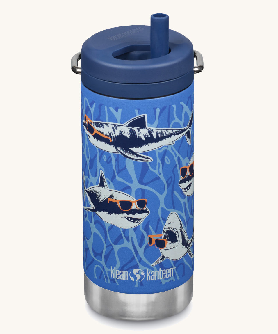 The Klean Kanteen 12oz Sharks in Shades Print TKWide with navy Twist Cap on a plain background.