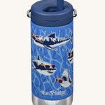 The Klean Kanteen 12oz Sharks in Shades Print TKWide with navy Twist Cap on a plain background.