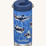 The Klean Kanteen 12oz Sharks in Shades Print TKWide with navy Twist Cap on a plain background.