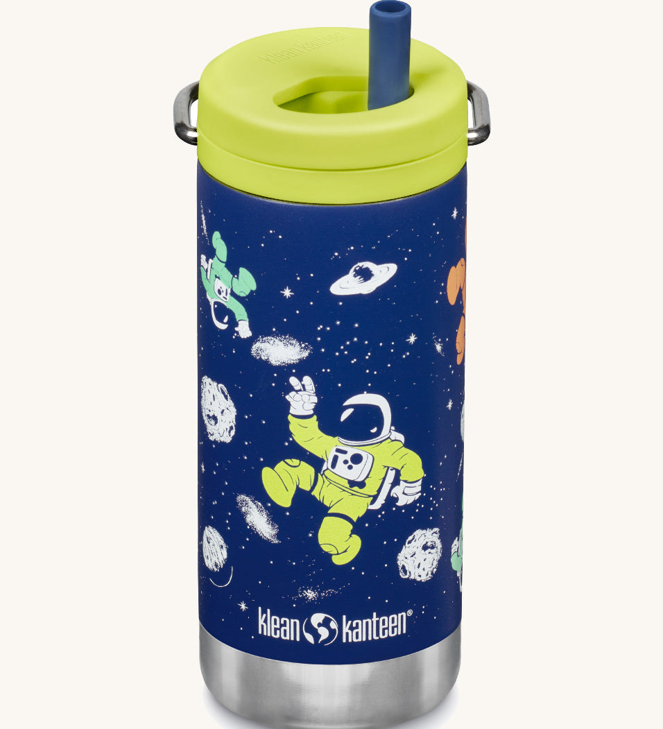 The Klean Kanteen 12oz Space Case Print TKWide with lime green Twist Cap on a plain background.