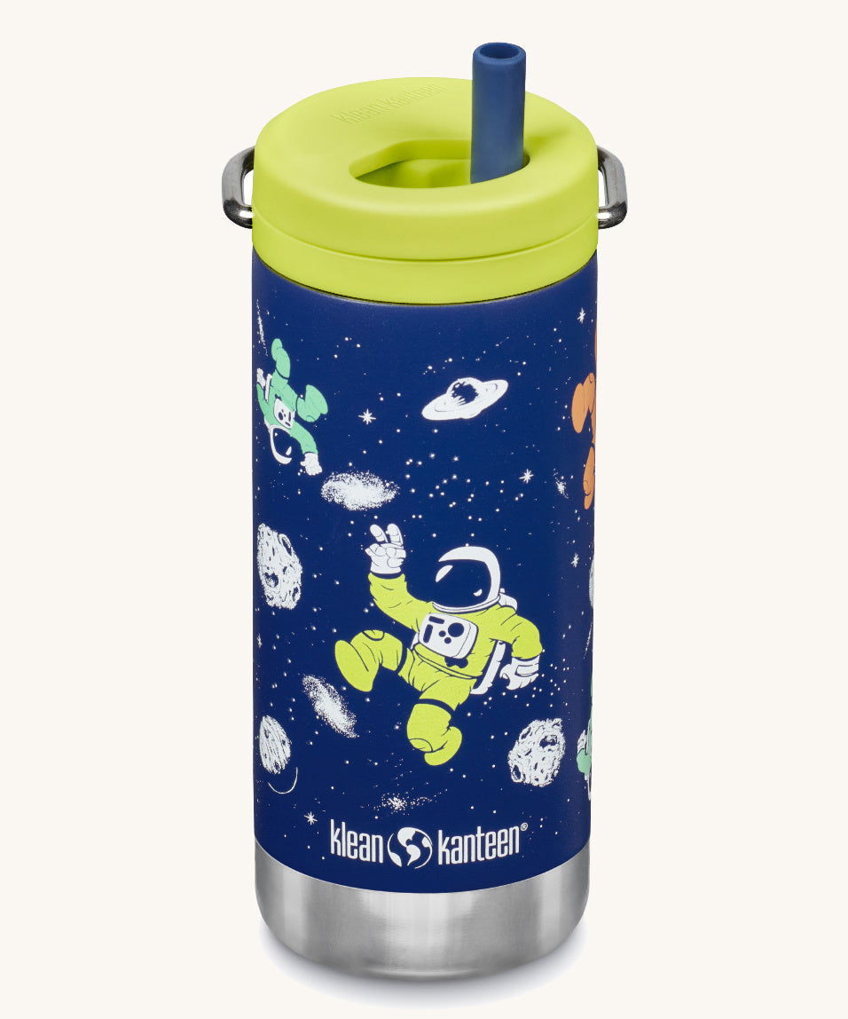 The Klean Kanteen 12oz Space Case Print TKWide with lime green Twist Cap on a plain background.