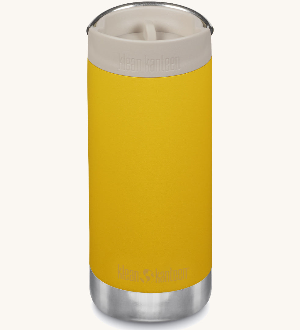 A Klean Kanteen 12oz TKWide Cafe in the yellow sunset colour with a taupe coloured lid on a plain background.