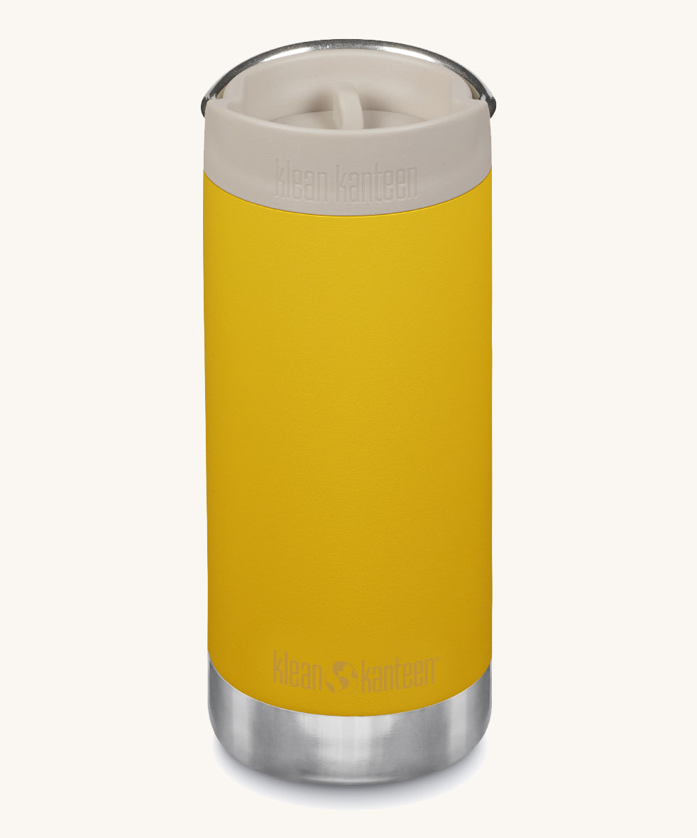 A Klean Kanteen 12oz TKWide Cafe in the yellow sunset colour with a taupe coloured lid on a plain background.