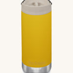 A Klean Kanteen 12oz TKWide Cafe in the yellow sunset colour with a taupe coloured lid on a plain background.