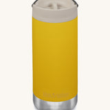 A Klean Kanteen 12oz TKWide Cafe in the yellow sunset colour with a taupe coloured lid on a plain background.